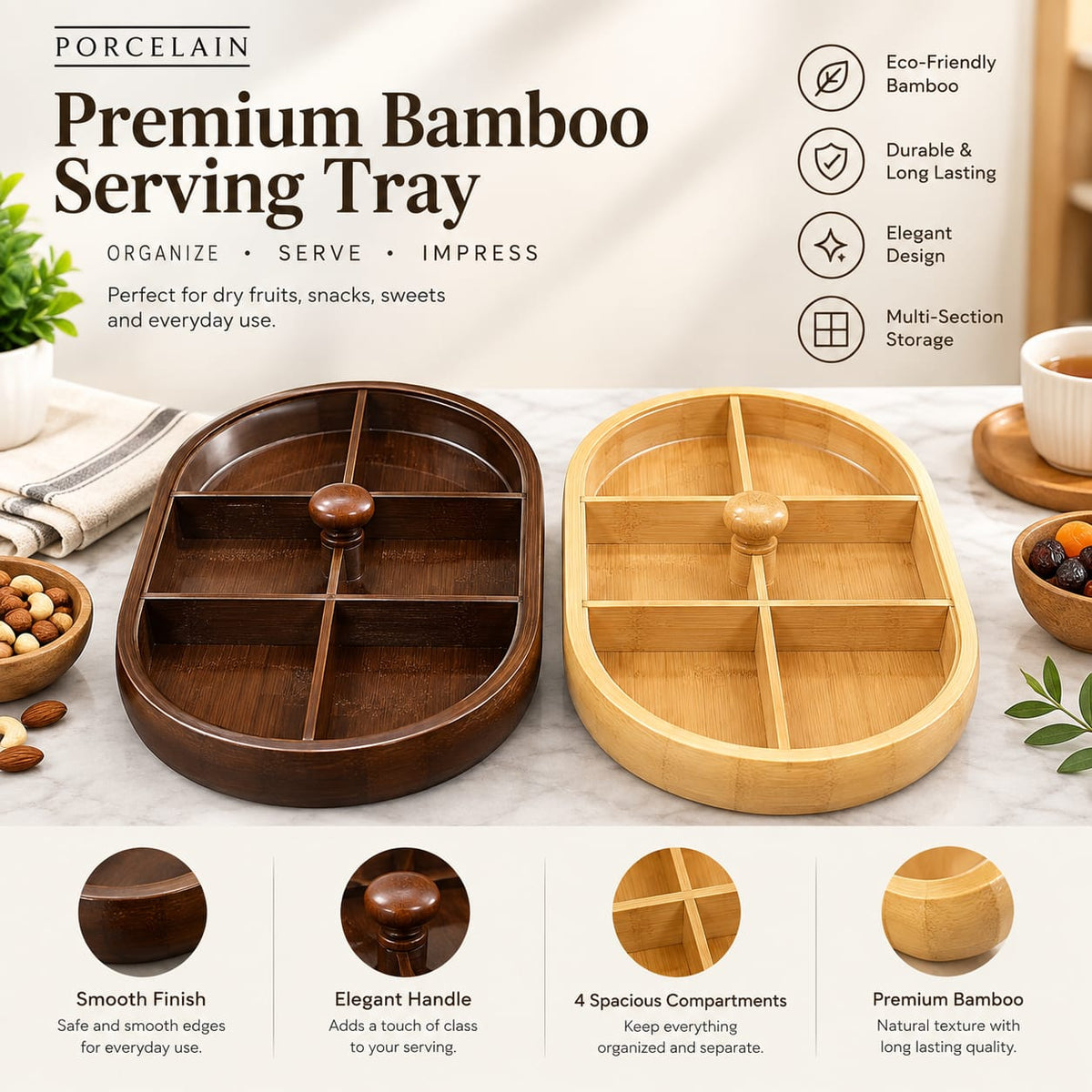 6 Partition Bamboo Dry Fruit Box ✨