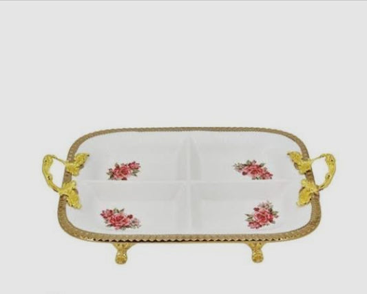 4 Section Rose Print Serving Dish Gold