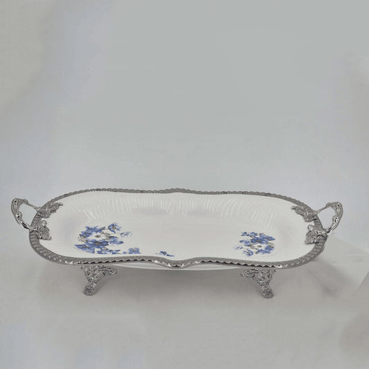 Long Blue Flower  Silver Dish
