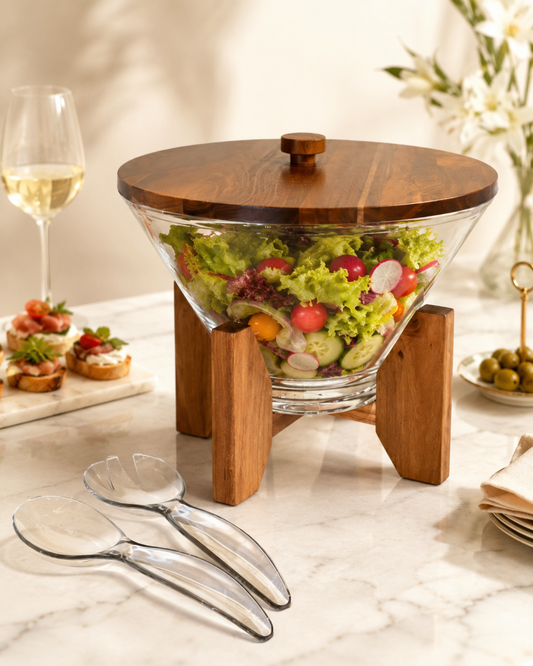 Salad Serving Bowl Set With Wooden Stand And Clear Spoon&Fork